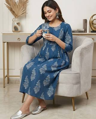 Blue cotton printed maternity dress for women 1