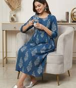 Blue cotton printed maternity dress for women