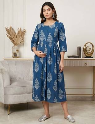 Blue cotton printed maternity dress for women 2