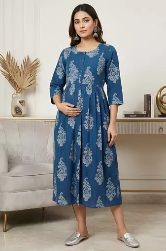 Blue cotton printed maternity dress for women