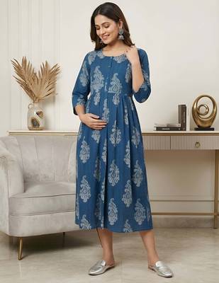 Blue cotton printed maternity dress for women 4