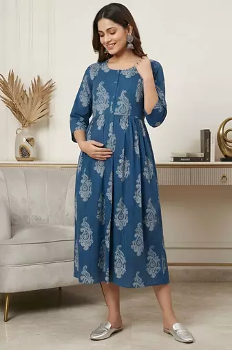 Blue cotton printed maternity dress for women