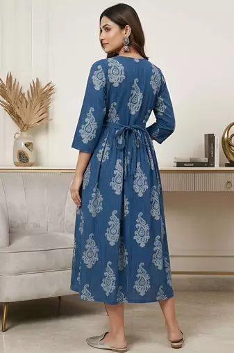 Blue cotton printed maternity dress for women
