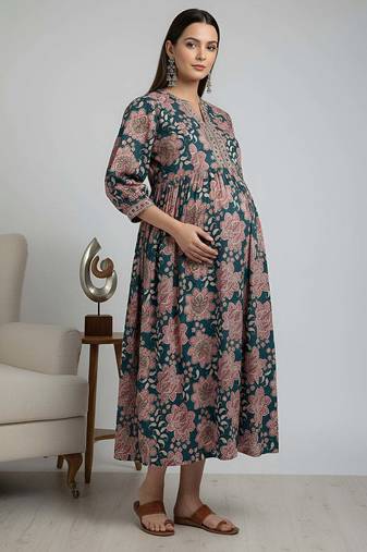 Multicolor cotton printed maternity dress for women