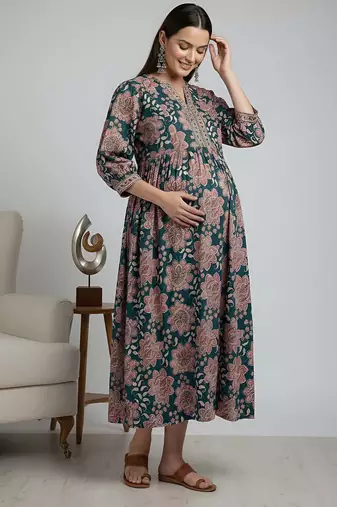 Multicolor cotton printed maternity dress for women