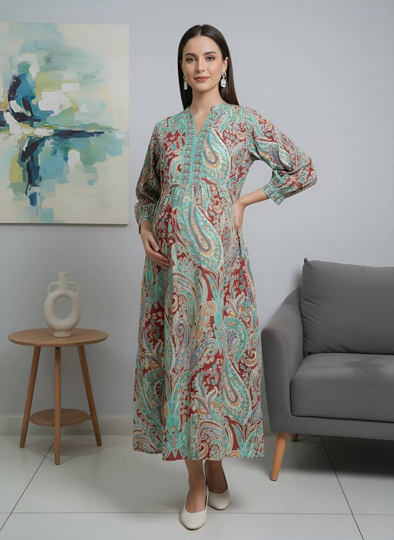 Multicolor cotton printed maternity dress for women