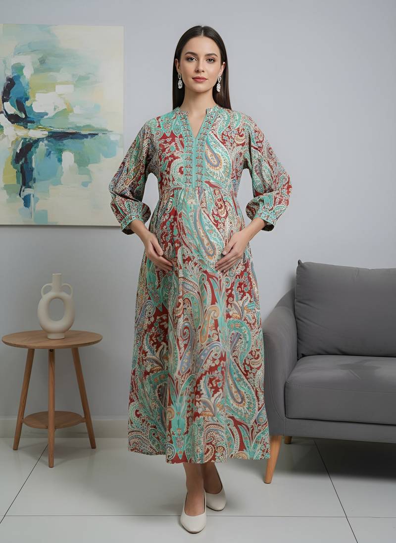 Multicolor cotton printed maternity dress for women