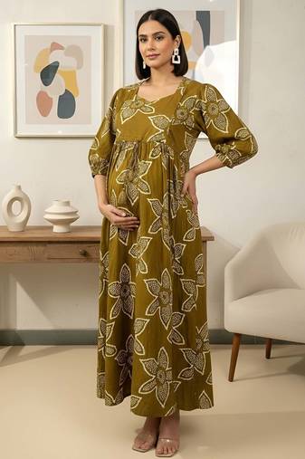 Green cotton printed maternity dress for women