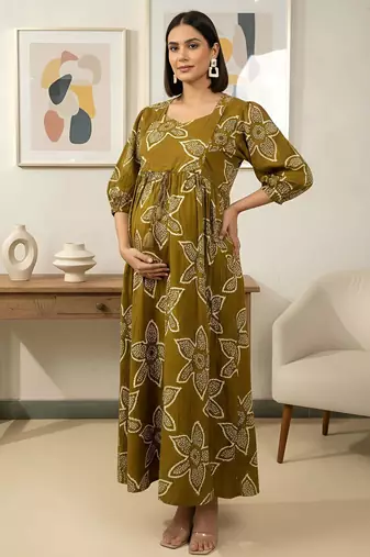 Green cotton printed maternity dress for women