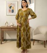 Green cotton printed maternity dress for women