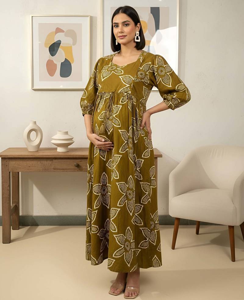 Green cotton printed maternity dress for women