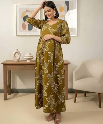 Green cotton printed maternity dress for women 4