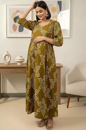 Green cotton printed maternity dress for women