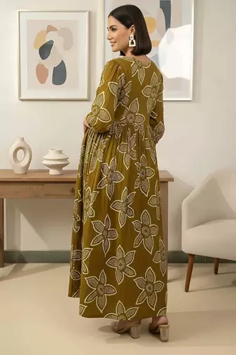 Green cotton printed maternity dress for women