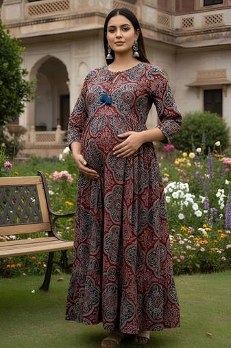 Maroon cotton printed maternity dress for women