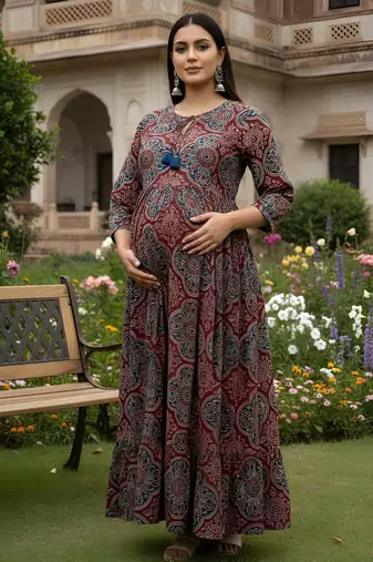 Maroon cotton printed maternity dress for women