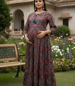 Maroon cotton printed maternity dress for women