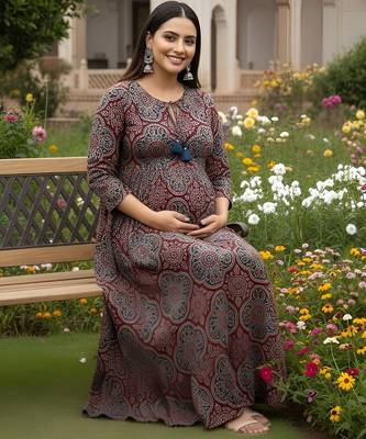Maroon cotton printed maternity dress for women 2