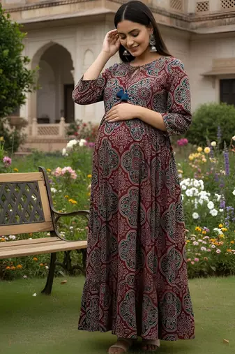 Maroon cotton printed maternity dress for women