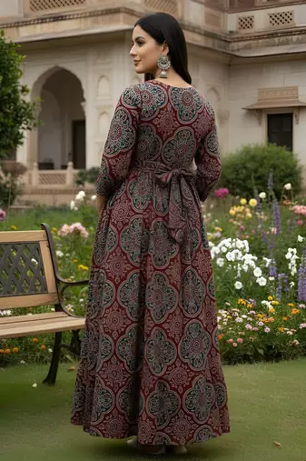 Maroon cotton printed maternity dress for women