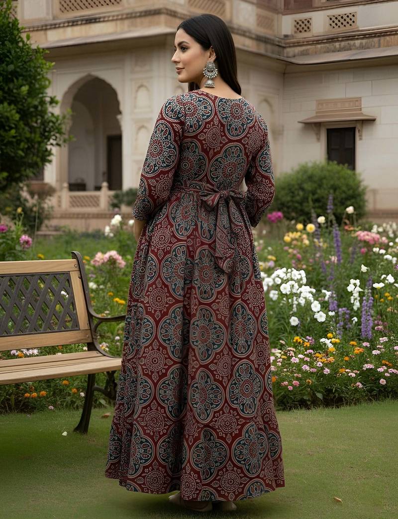Maroon cotton printed maternity dress for women