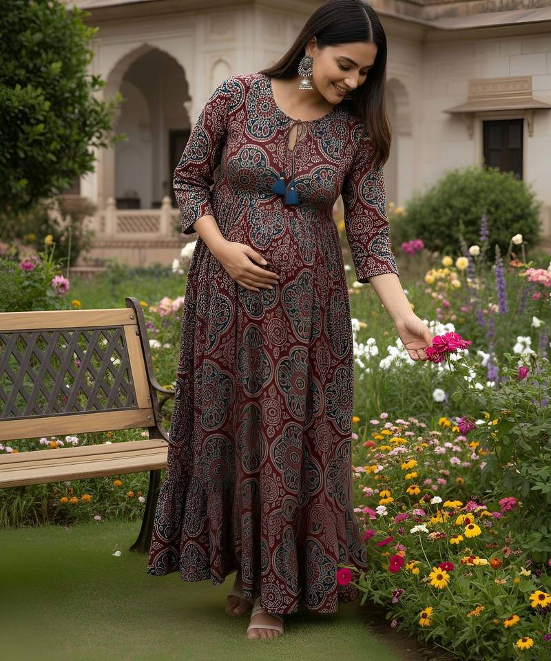 Maroon cotton printed maternity dress for women