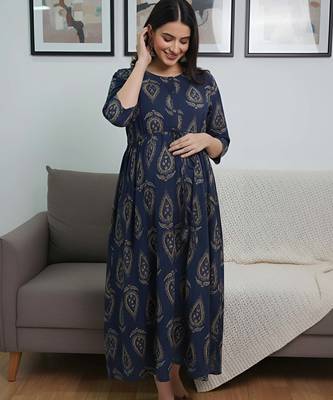 Blue cotton printed maternity dress for women 1