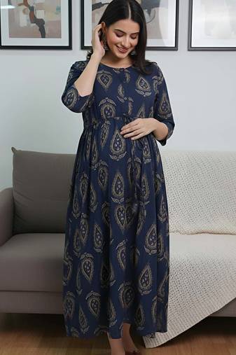 Blue cotton printed maternity dress for women