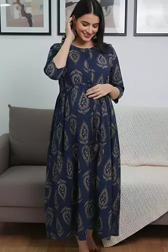 Blue cotton printed maternity dress for women