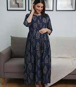 Blue cotton printed maternity dress for women