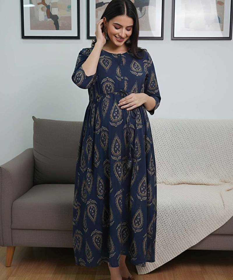 Blue cotton printed maternity dress for women