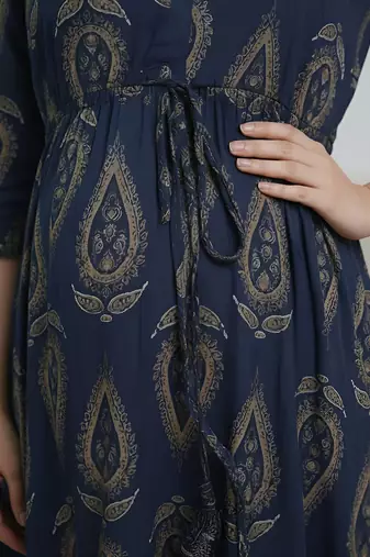 Blue cotton printed maternity dress for women