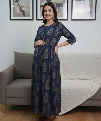 Blue cotton printed maternity dress for women 3
