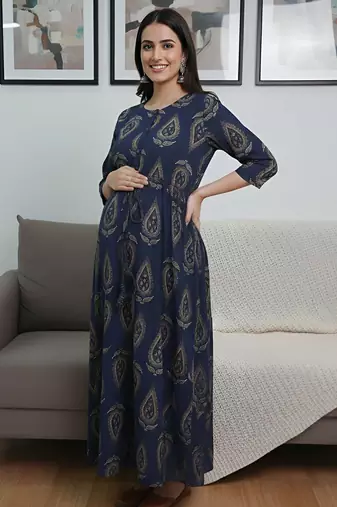 Blue cotton printed maternity dress for women