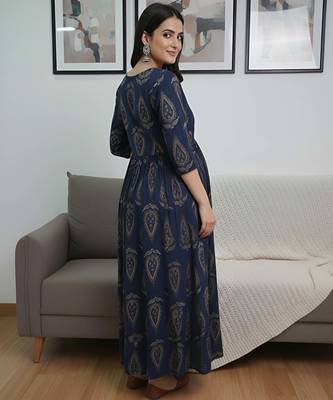 Blue cotton printed maternity dress for women 4