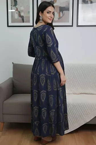 Blue cotton printed maternity dress for women