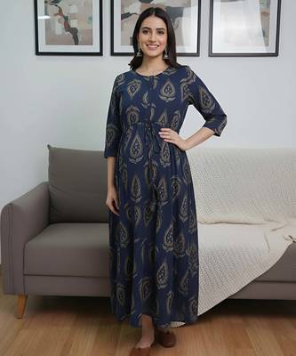 Blue cotton printed maternity dress for women 5
