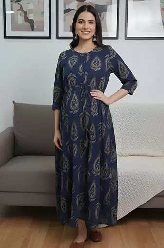 Blue cotton printed maternity dress for women