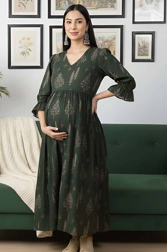 Green cotton printed maternity dress for women
