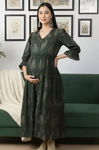 Green cotton printed maternity dress for women