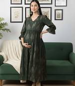 Green cotton printed maternity dress for women