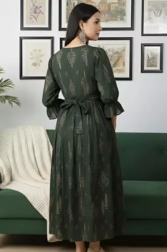 Green cotton printed maternity dress for women