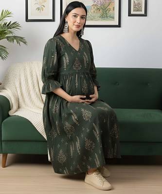 Green cotton printed maternity dress for women 5