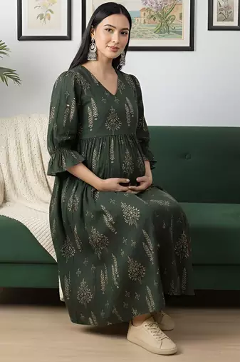 Green cotton printed maternity dress for women
