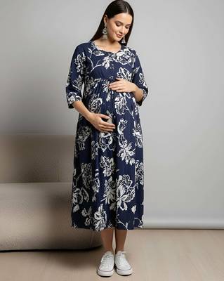 Blue cotton printed maternity dress for women 1