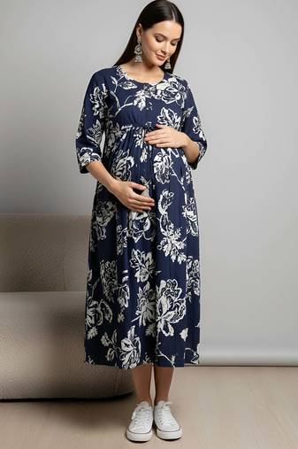 Blue cotton printed maternity dress for women