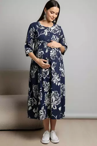 Blue cotton printed maternity dress for women