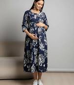 Blue cotton printed maternity dress for women