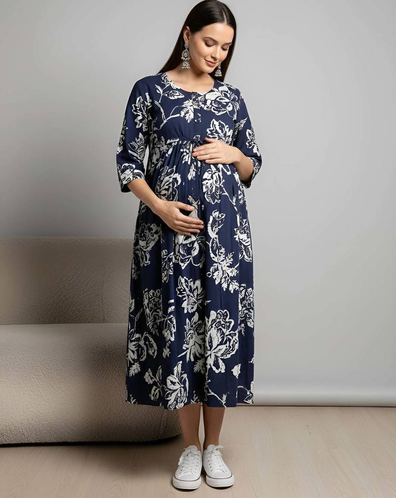 Blue cotton printed maternity dress for women