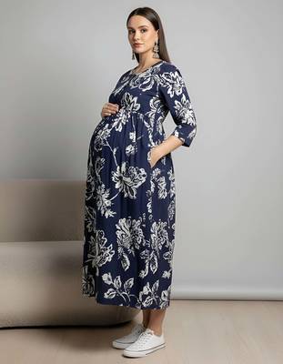 Blue cotton printed maternity dress for women 3